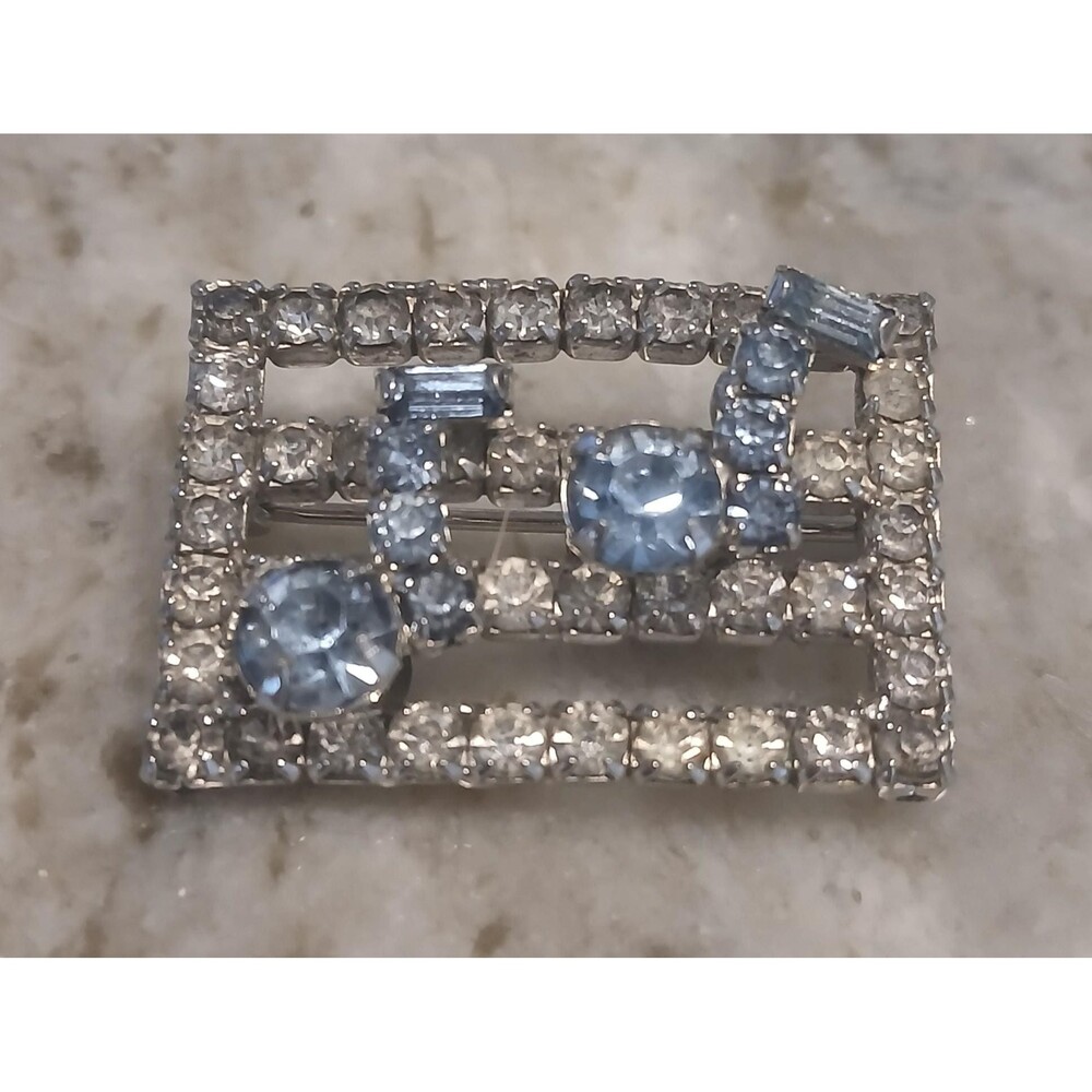 Vintage 1930s 1940s Art Deco Blue Rhinestone Brooch Geometric Clear Crystal